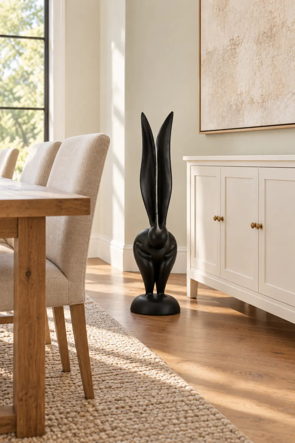 Minimalist Wooden Rabbit Statue | Sleek Long Eared Bunny Figurine Tabletop Decor