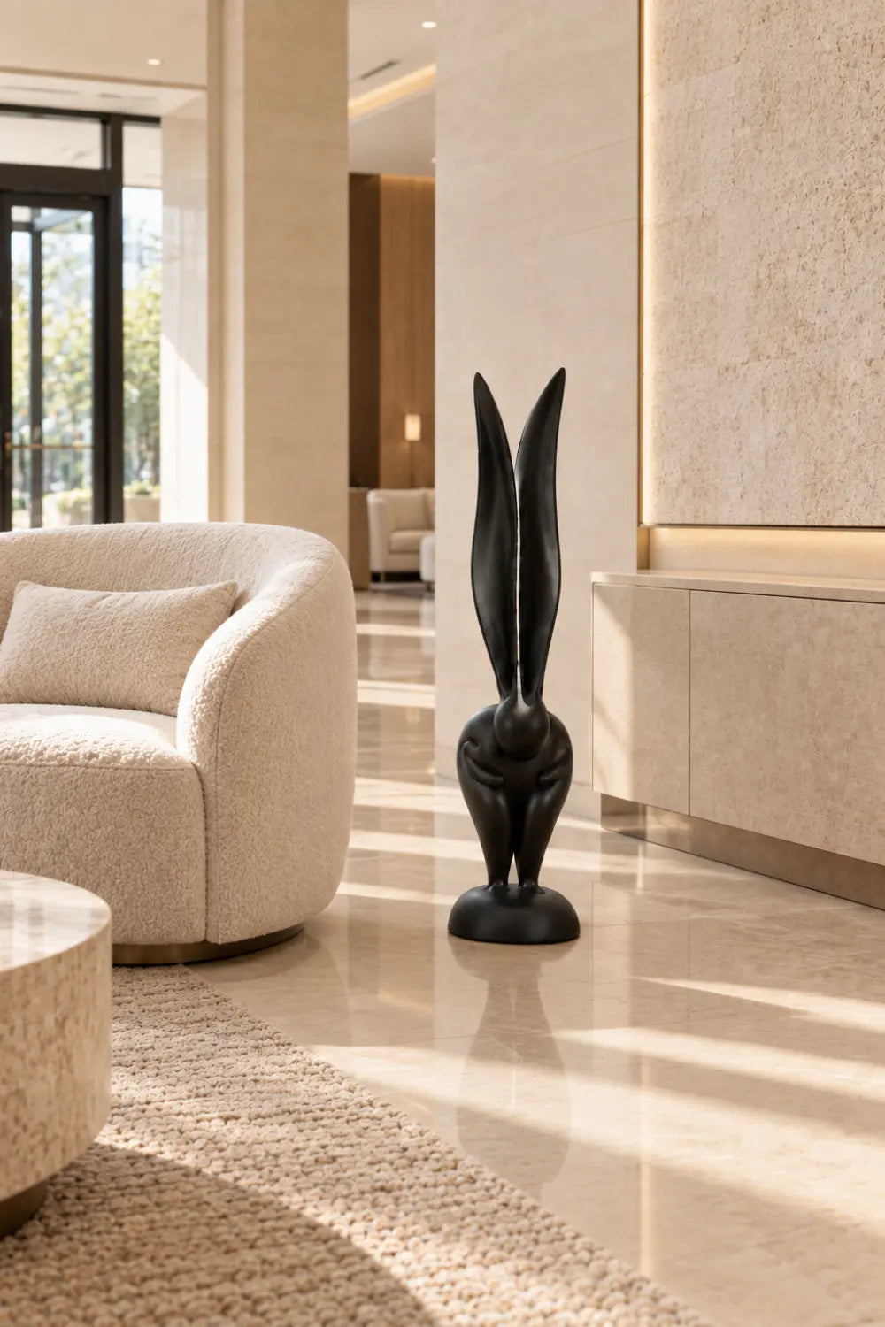 Minimalist Wooden Rabbit Statue | Sleek Long Eared Bunny Figurine Tabletop Decor
