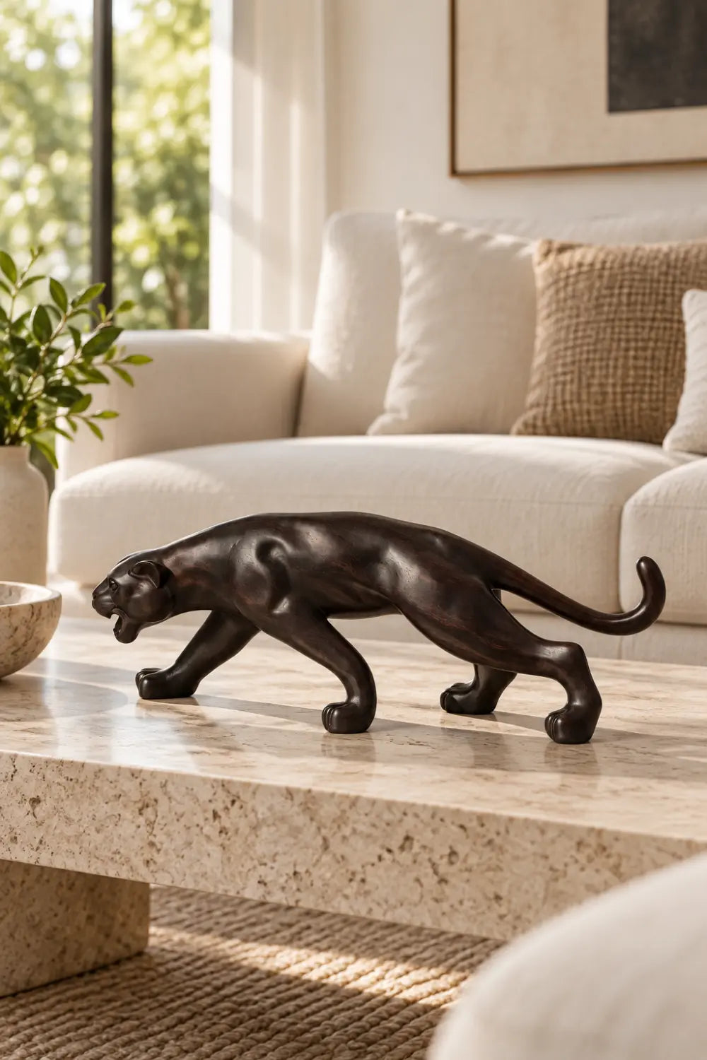 Carved Dark Wooden Prowling Panther Statue | Sleek Black Leopard Animal Sculpture