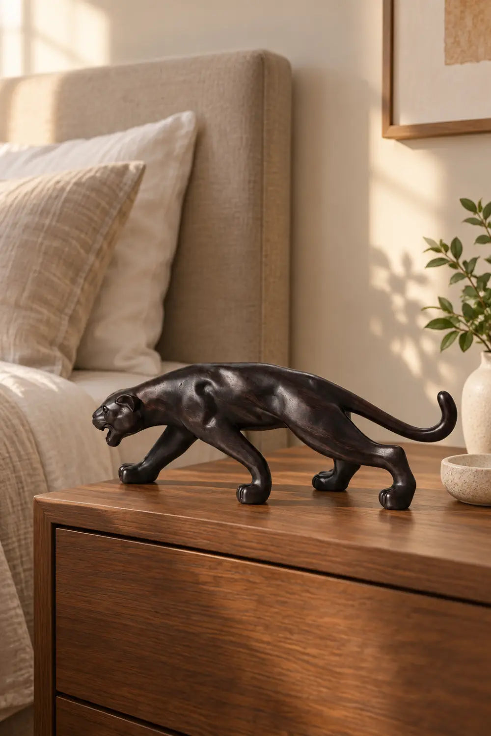 Carved Dark Wooden Prowling Panther Statue | Sleek Black Leopard Animal Sculpture