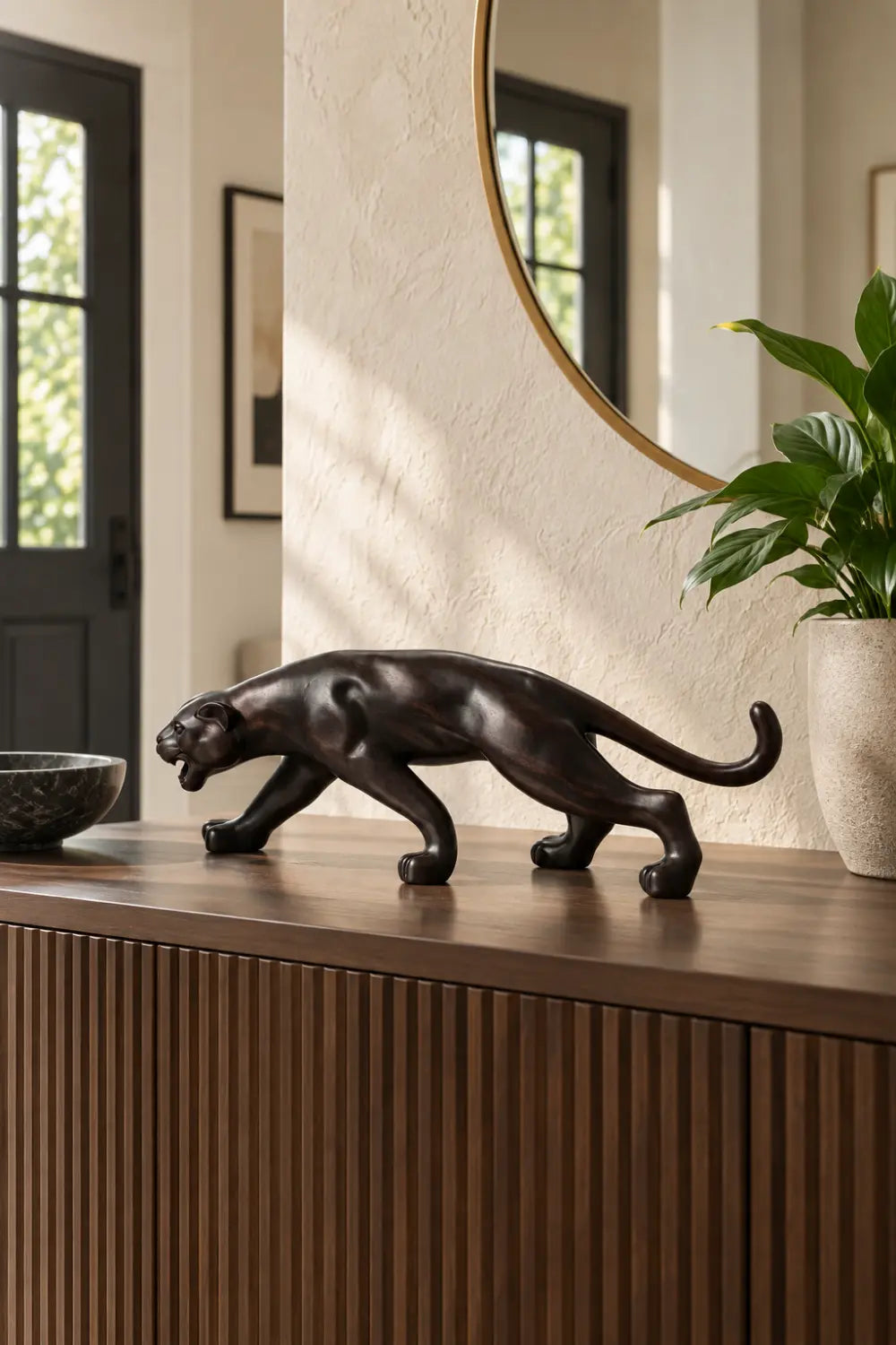 Carved Dark Wooden Prowling Panther Statue | Sleek Black Leopard Animal Sculpture
