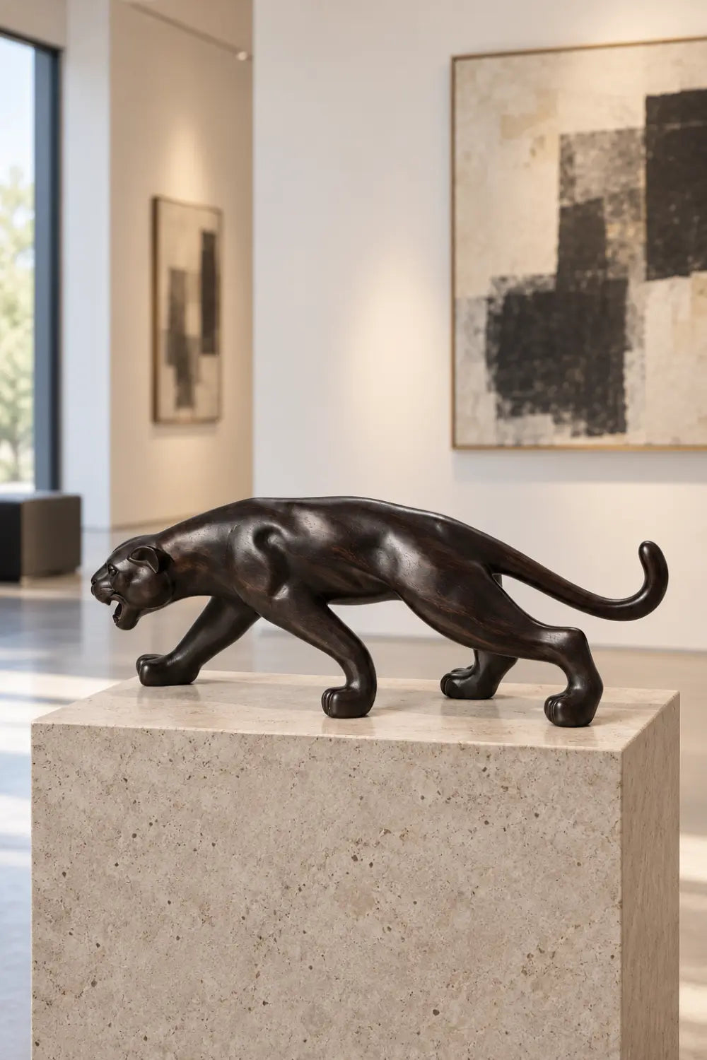 Carved Dark Wooden Prowling Panther Statue | Sleek Black Leopard Animal Sculpture