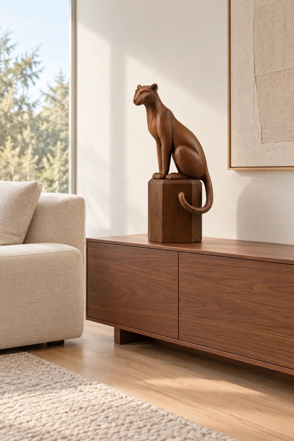 Elegant Carved Wooden Seated Panther Statue | Regal Cougar Pedestal Decor
