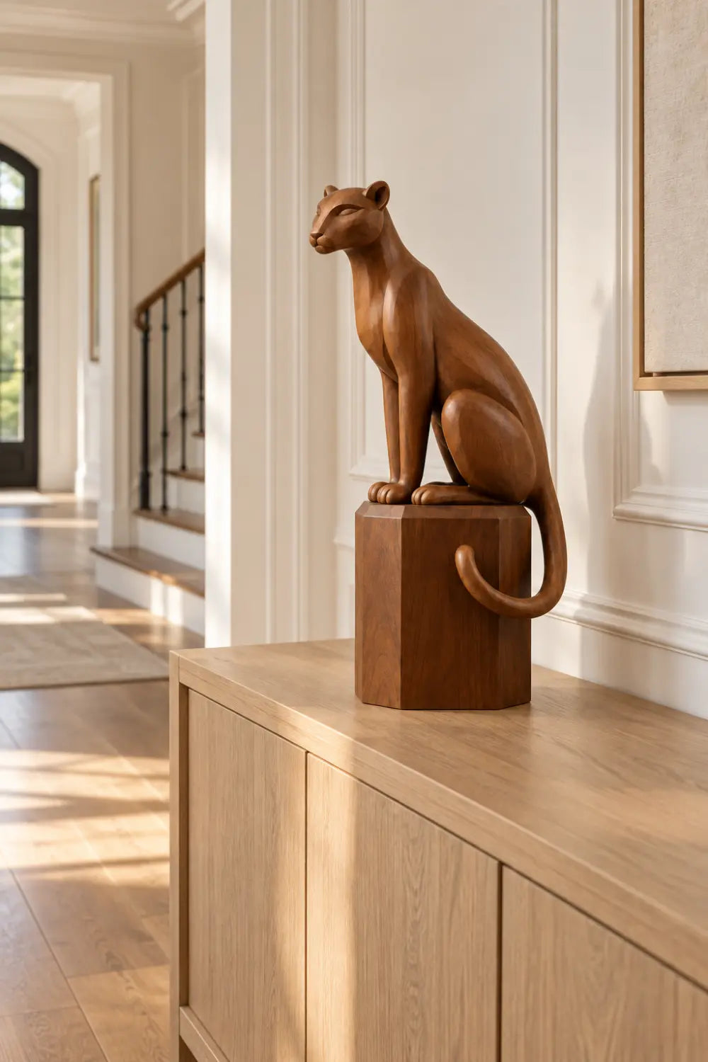 Elegant Carved Wooden Seated Panther Statue | Regal Cougar Pedestal Decor