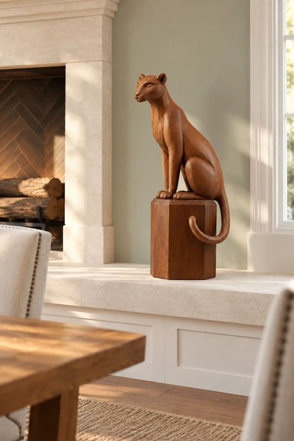 Elegant Carved Wooden Seated Panther Statue | Regal Cougar Pedestal Decor