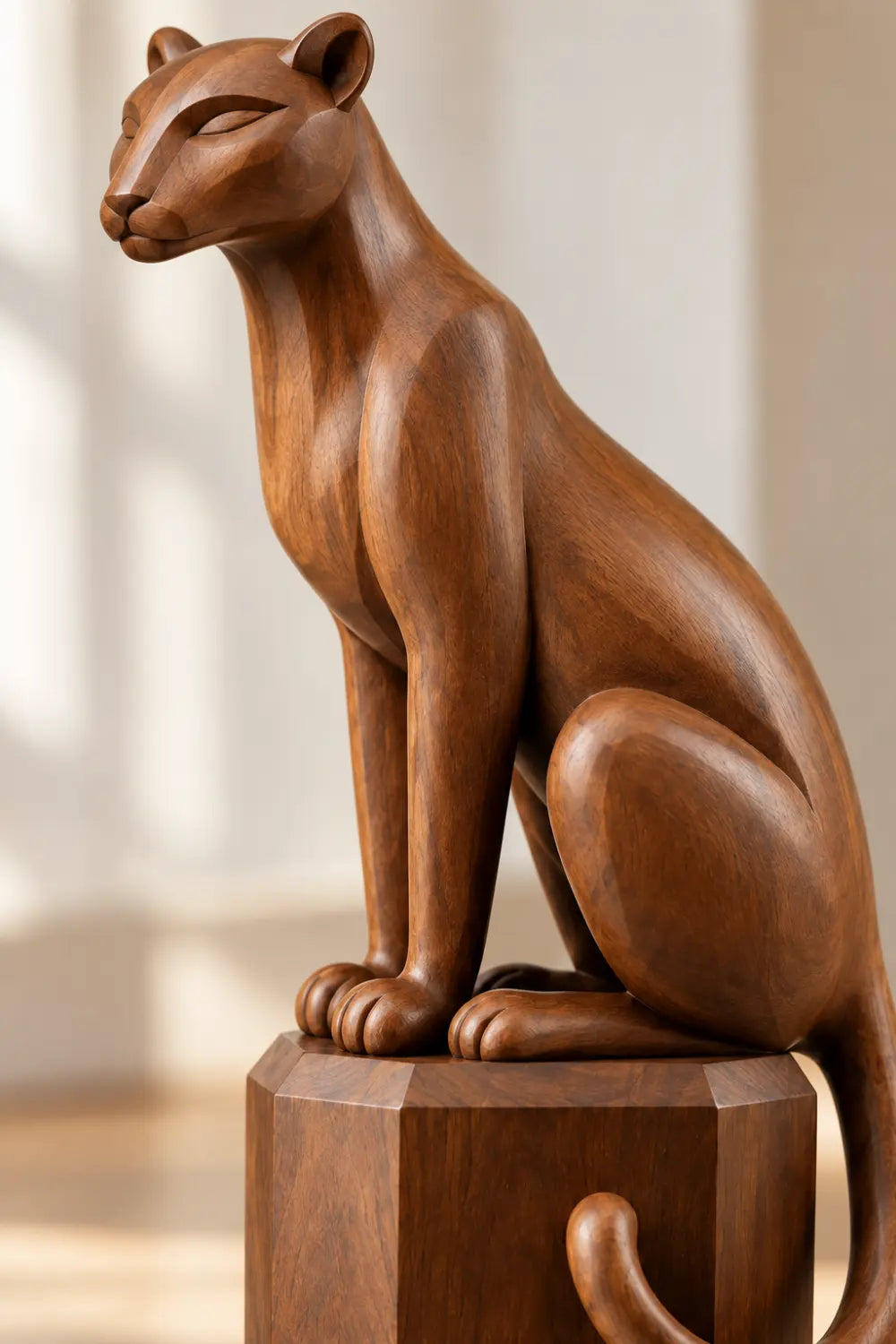 Elegant Carved Wooden Seated Panther Statue | Regal Cougar Pedestal Decor