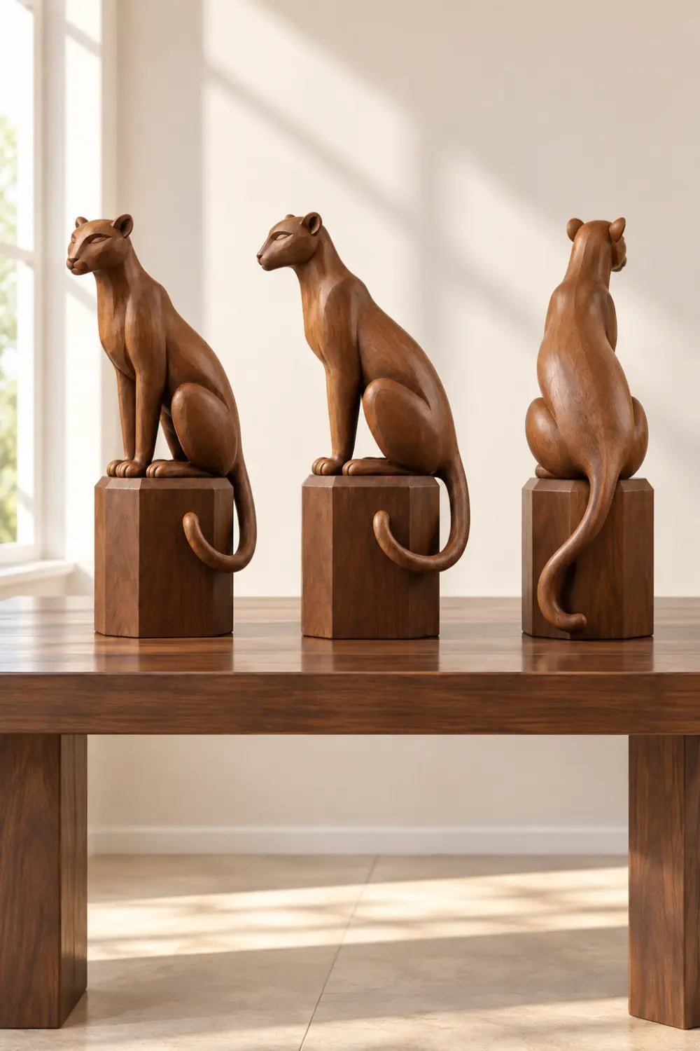 Elegant Carved Wooden Seated Panther Statue | Regal Cougar Pedestal Decor