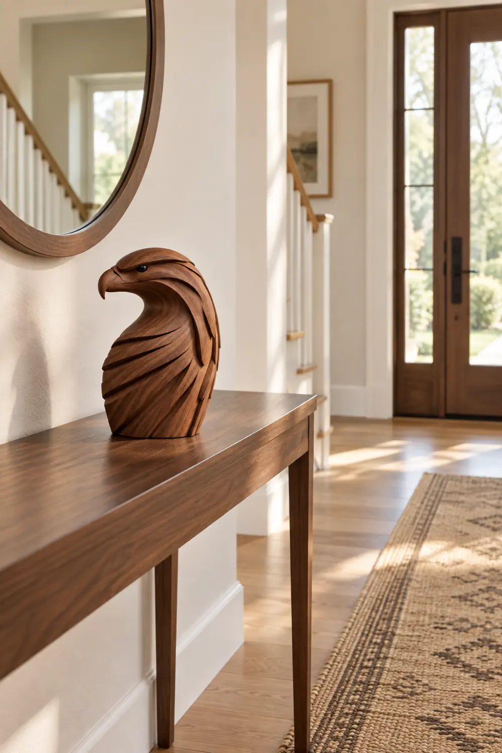 Majestic Carved Wooden Eagle Bust Statue | Layered Raptor Head Office Decor