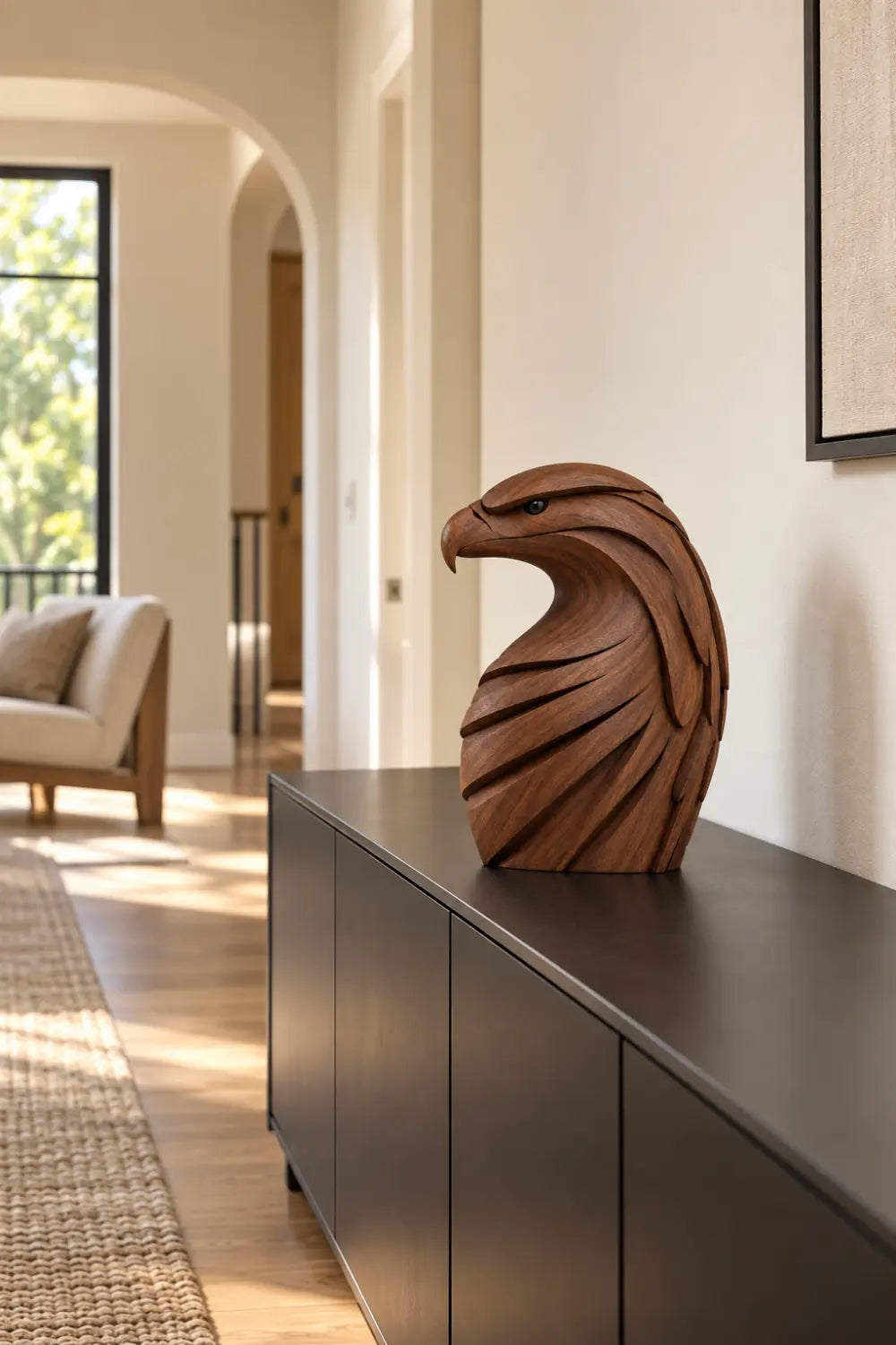 Majestic Carved Wooden Eagle Bust Statue | Layered Raptor Head Office Decor
