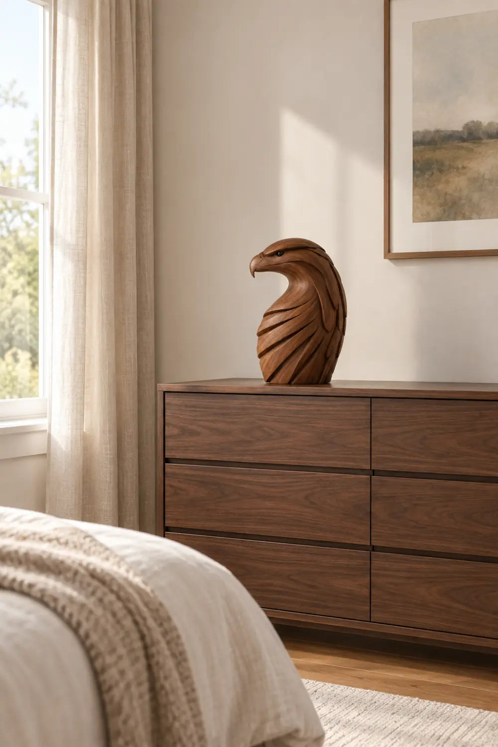Majestic Carved Wooden Eagle Bust Statue | Layered Raptor Head Office Decor