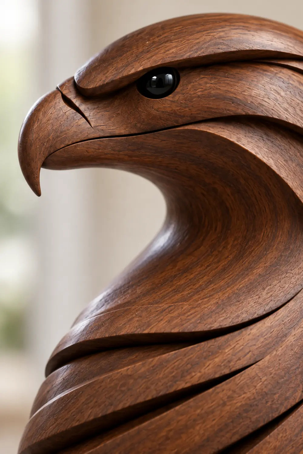 Majestic Carved Wooden Eagle Bust Statue | Layered Raptor Head Office Decor