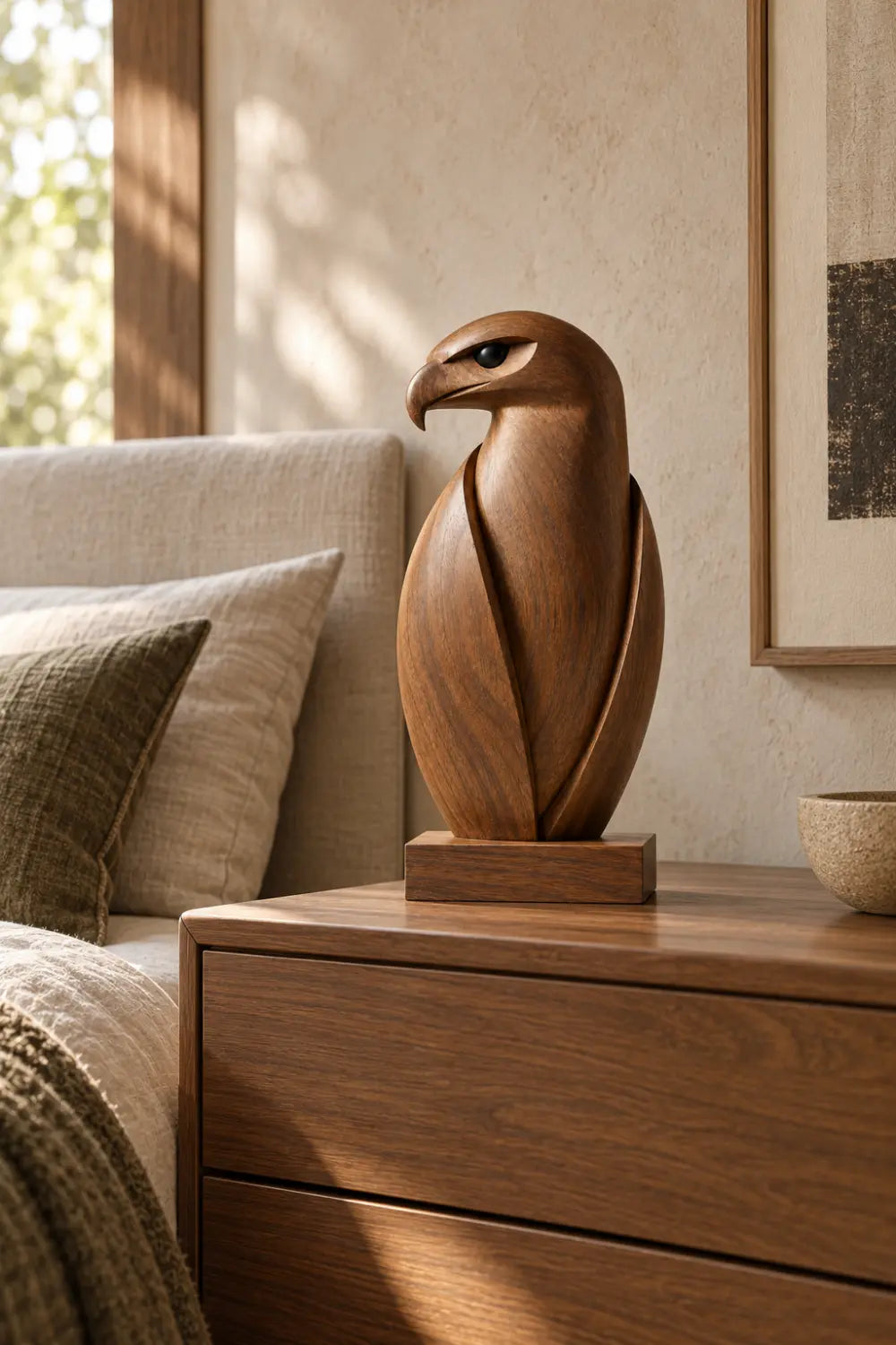 Minimalist Carved Wooden Falcon Statue | Sleek Perched Hawk Bird Figurine Decor