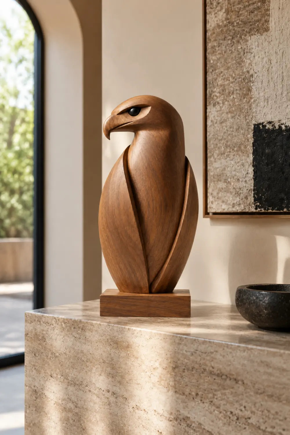 Minimalist Carved Wooden Falcon Statue | Sleek Perched Hawk Bird Figurine Decor