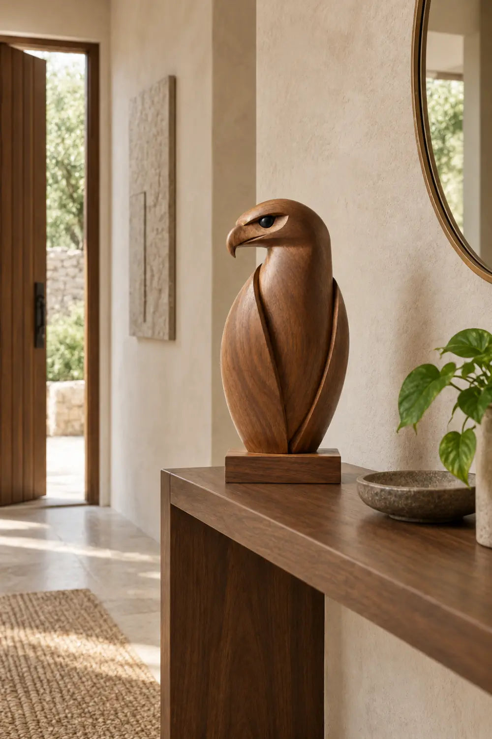 Minimalist Carved Wooden Falcon Statue | Sleek Perched Hawk Bird Figurine Decor