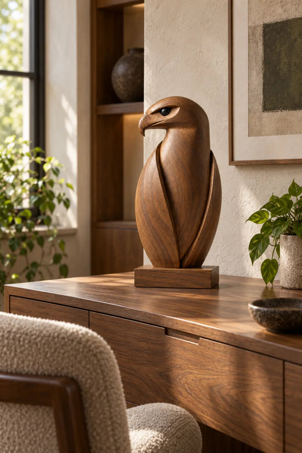 Minimalist Carved Wooden Falcon Statue | Sleek Perched Hawk Bird Figurine Decor