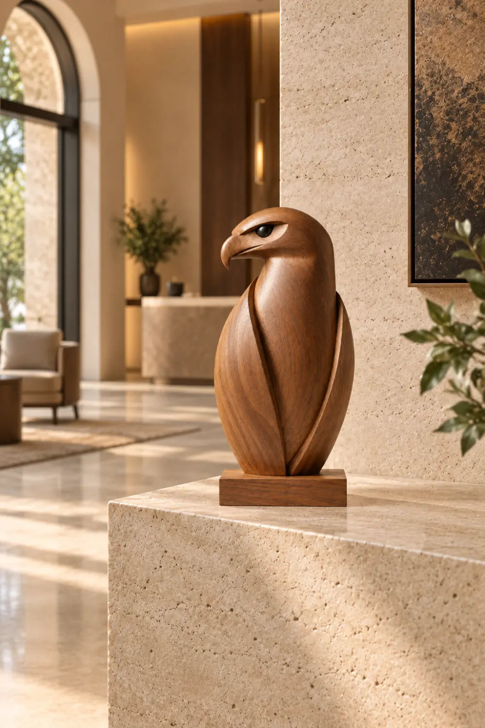 Minimalist Carved Wooden Falcon Statue | Sleek Perched Hawk Bird Figurine Decor