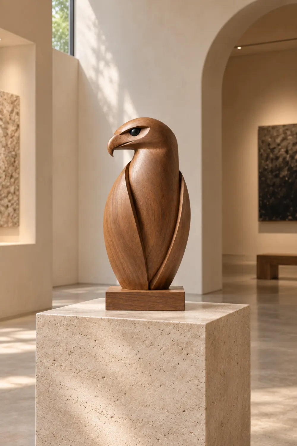 Minimalist Carved Wooden Falcon Statue | Sleek Perched Hawk Bird Figurine Decor
