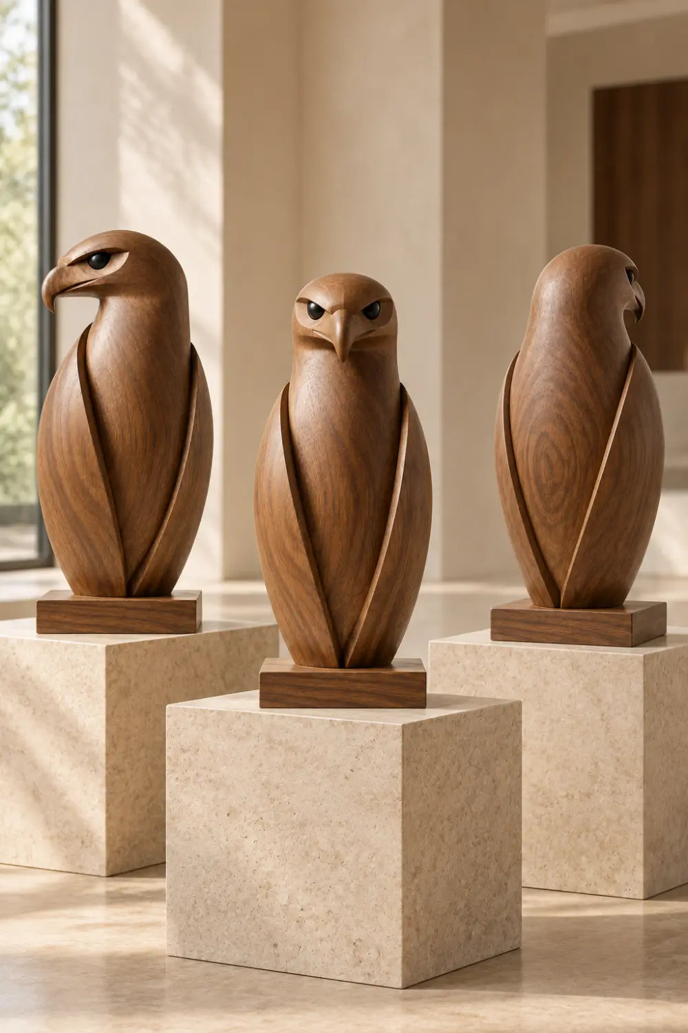 Minimalist Carved Wooden Falcon Statue | Sleek Perched Hawk Bird Figurine Decor