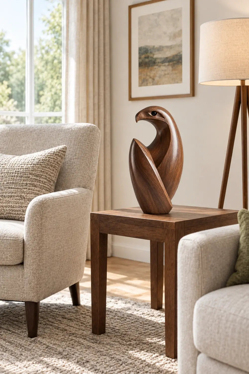 Modern Abstract Wooden Hawk Sculpture | Fluid Curved Bird Figurine Table Decor