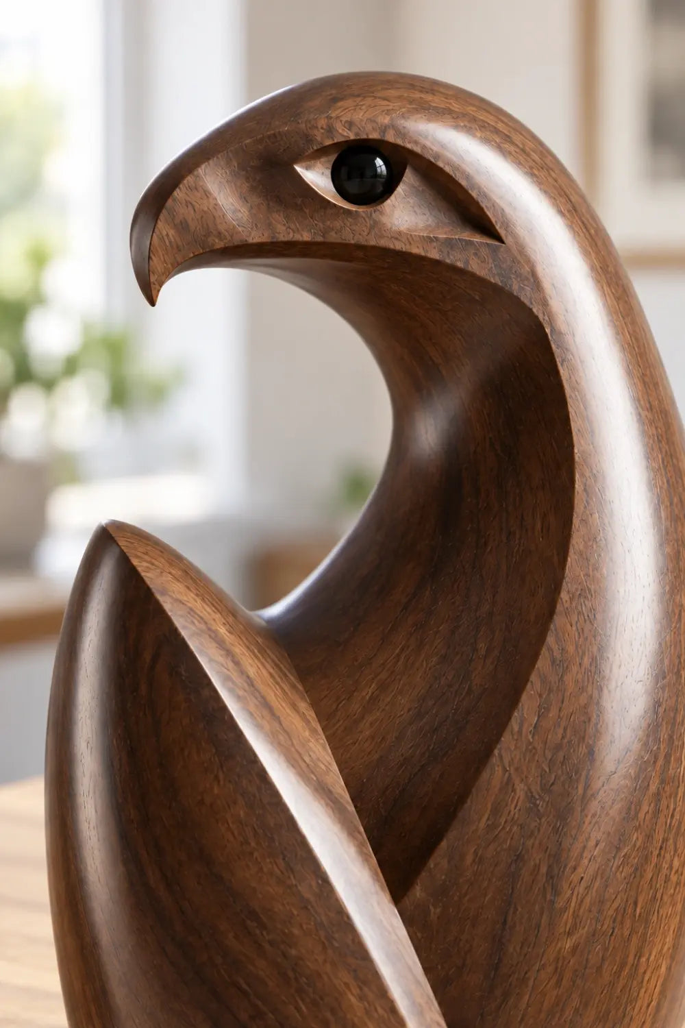 Modern Abstract Wooden Hawk Sculpture | Fluid Curved Bird Figurine Table Decor