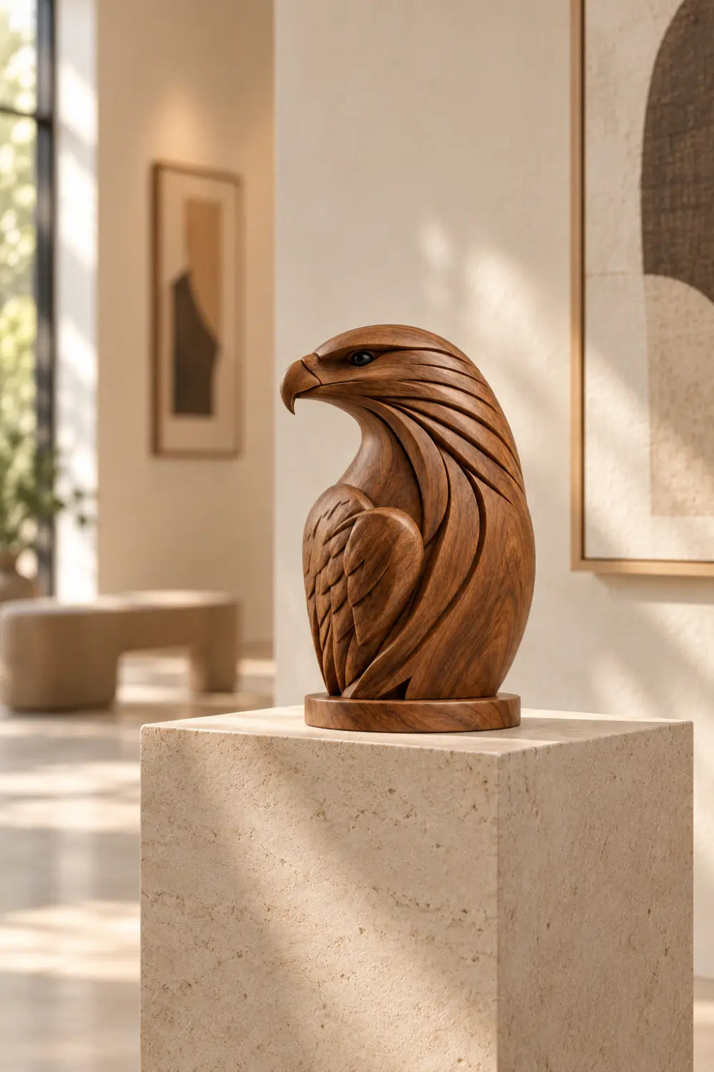 Detailed Carved Wooden Standing Eagle Statue | Bird Figurine Tabletop Decor