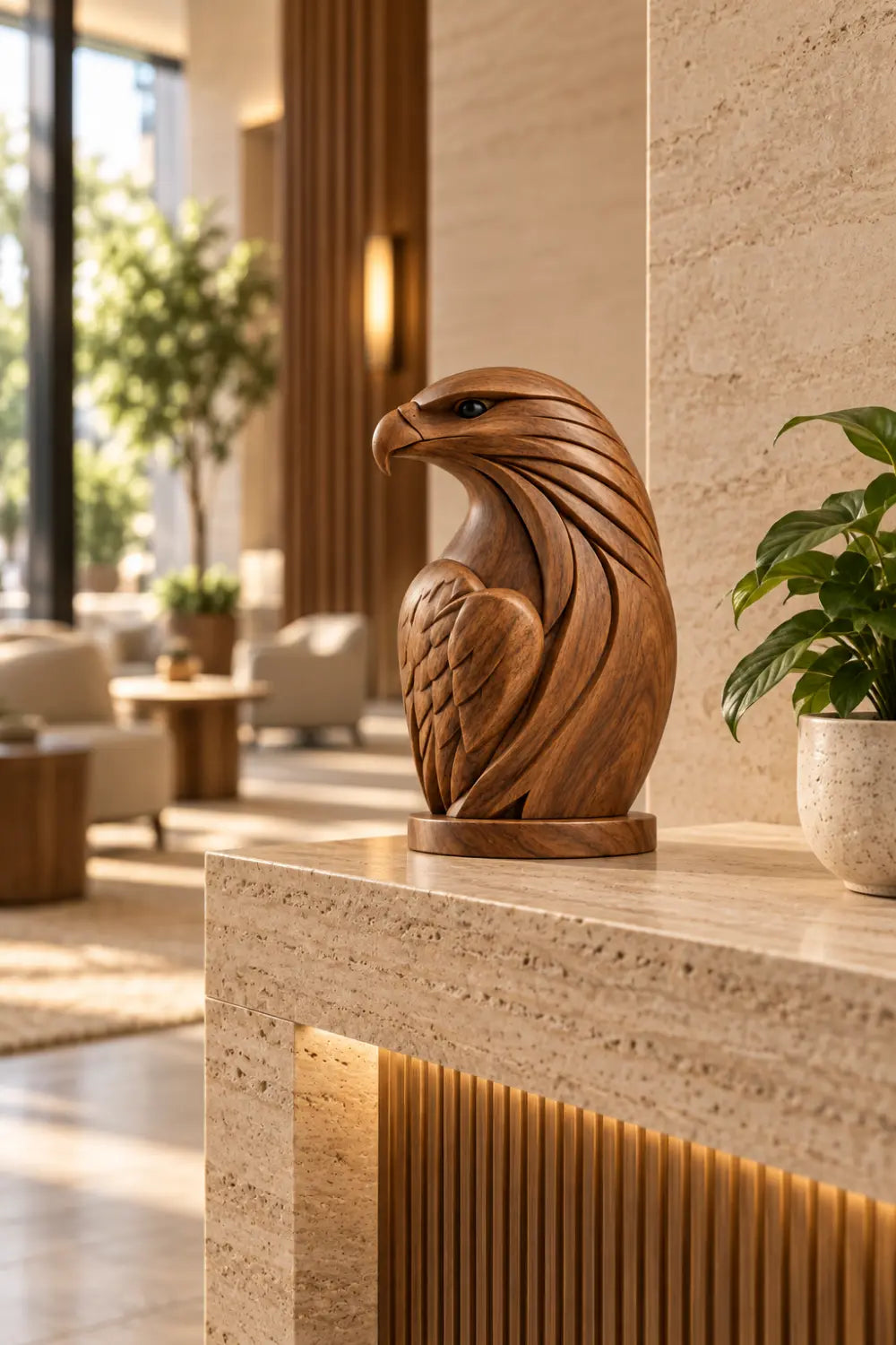 Detailed Carved Wooden Standing Eagle Statue | Bird Figurine Tabletop Decor