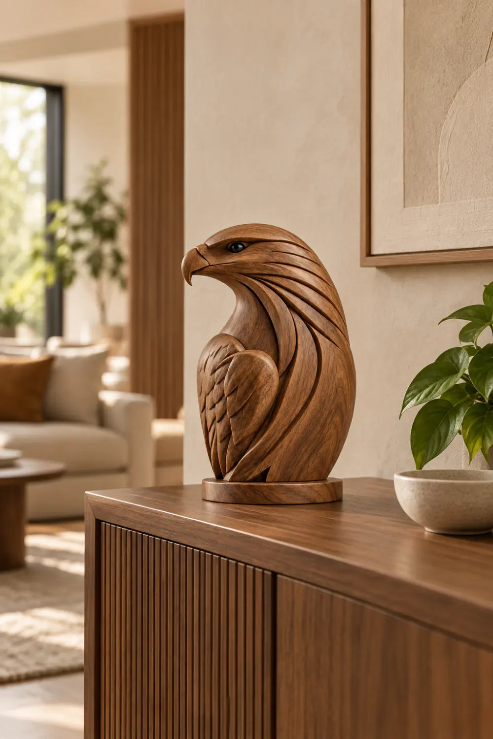 Detailed Carved Wooden Standing Eagle Statue | Bird Figurine Tabletop Decor