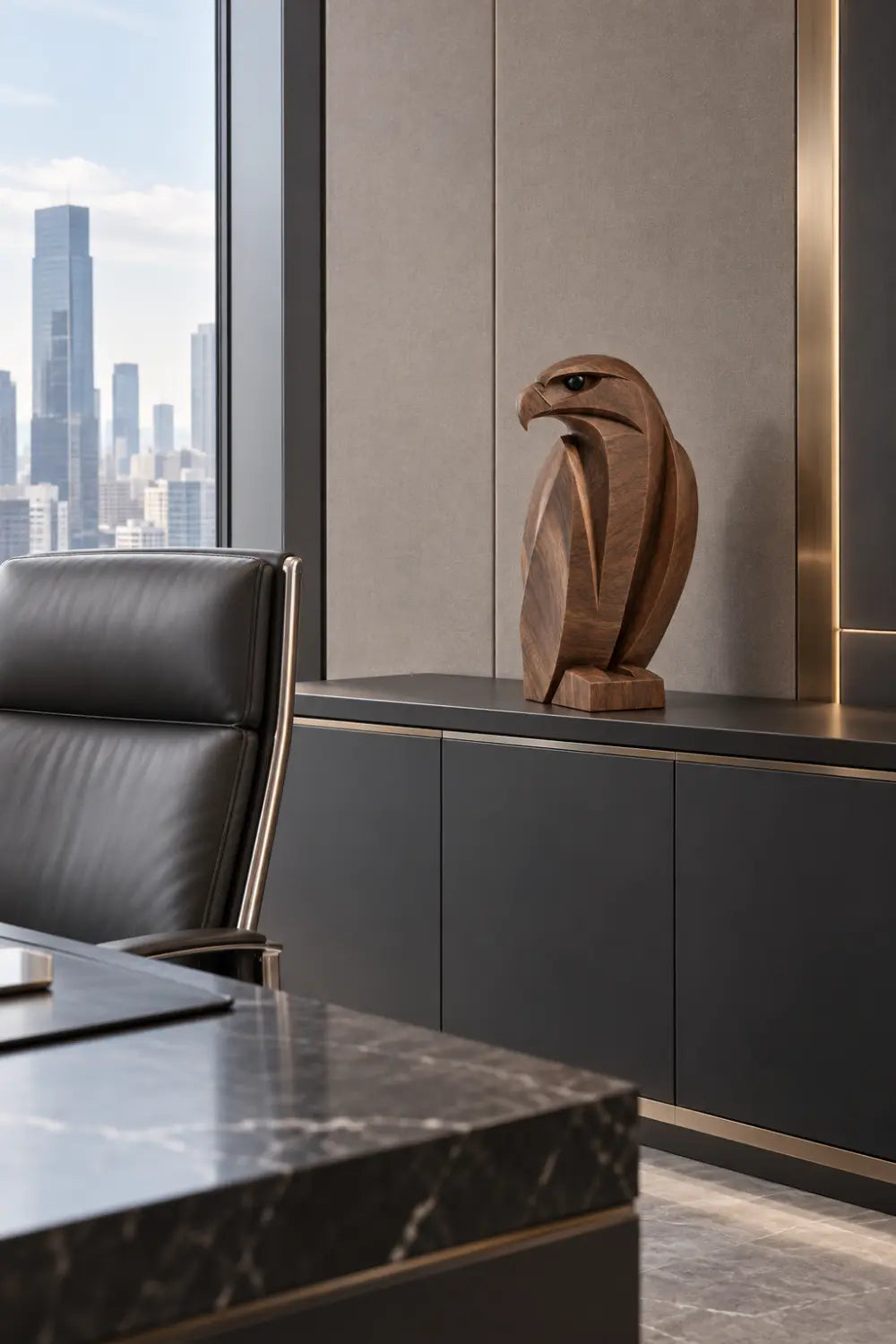 Geometric Carved Wooden Eagle Statue | Modern Faceted Bird Sculpture Home Decor