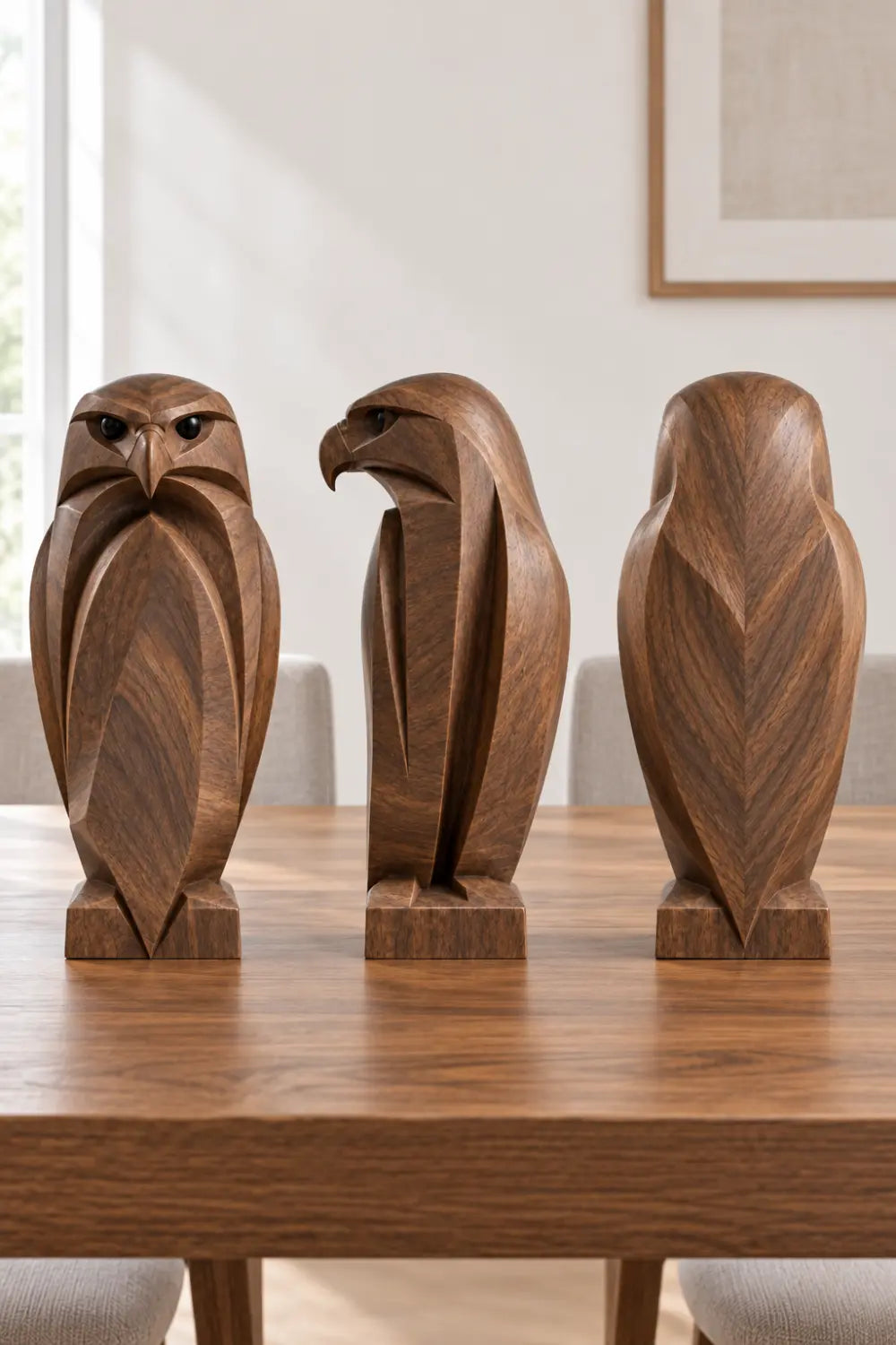 Geometric Carved Wooden Eagle Statue | Modern Faceted Bird Sculpture Home Decor