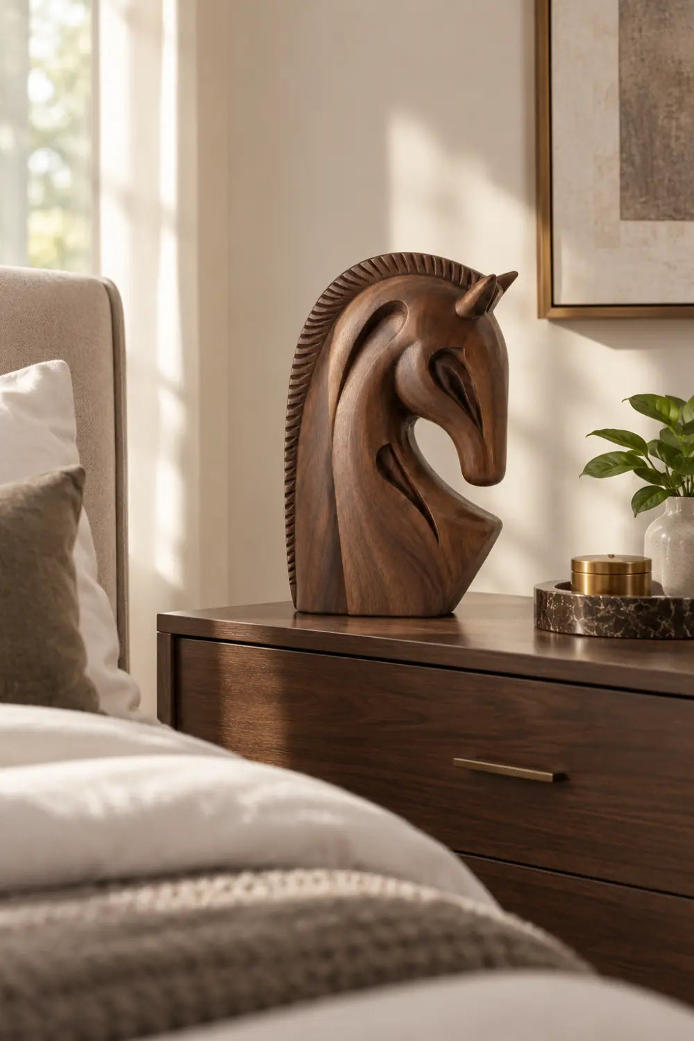 Sculpted Wooden Horse Head Statue | Modern Equestrian Bust Figurine Desk Decor