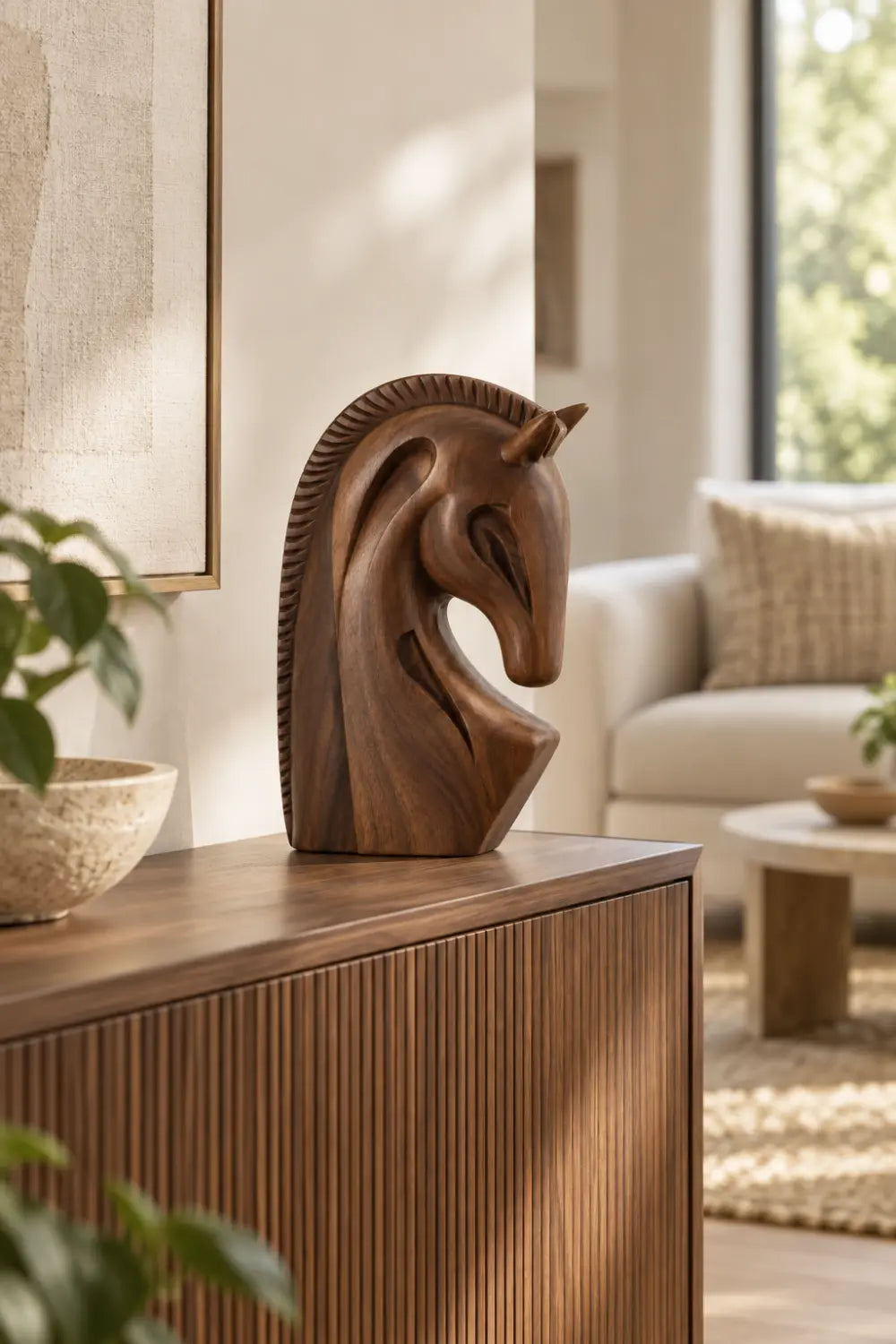 Sculpted Wooden Horse Head Statue | Modern Equestrian Bust Figurine Desk Decor