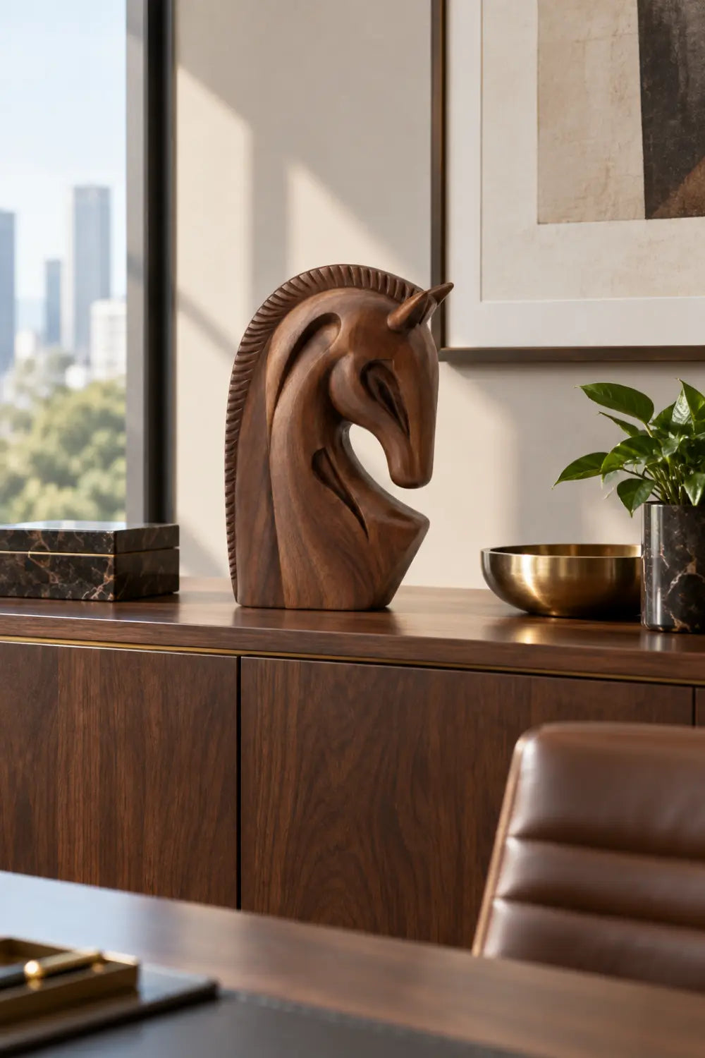 Sculpted Wooden Horse Head Statue | Modern Equestrian Bust Figurine Desk Decor