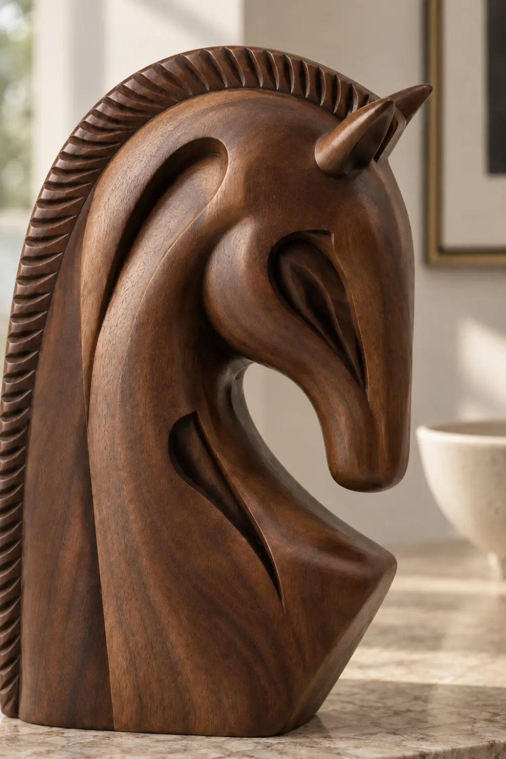 Sculpted Wooden Horse Head Statue | Modern Equestrian Bust Figurine Desk Decor