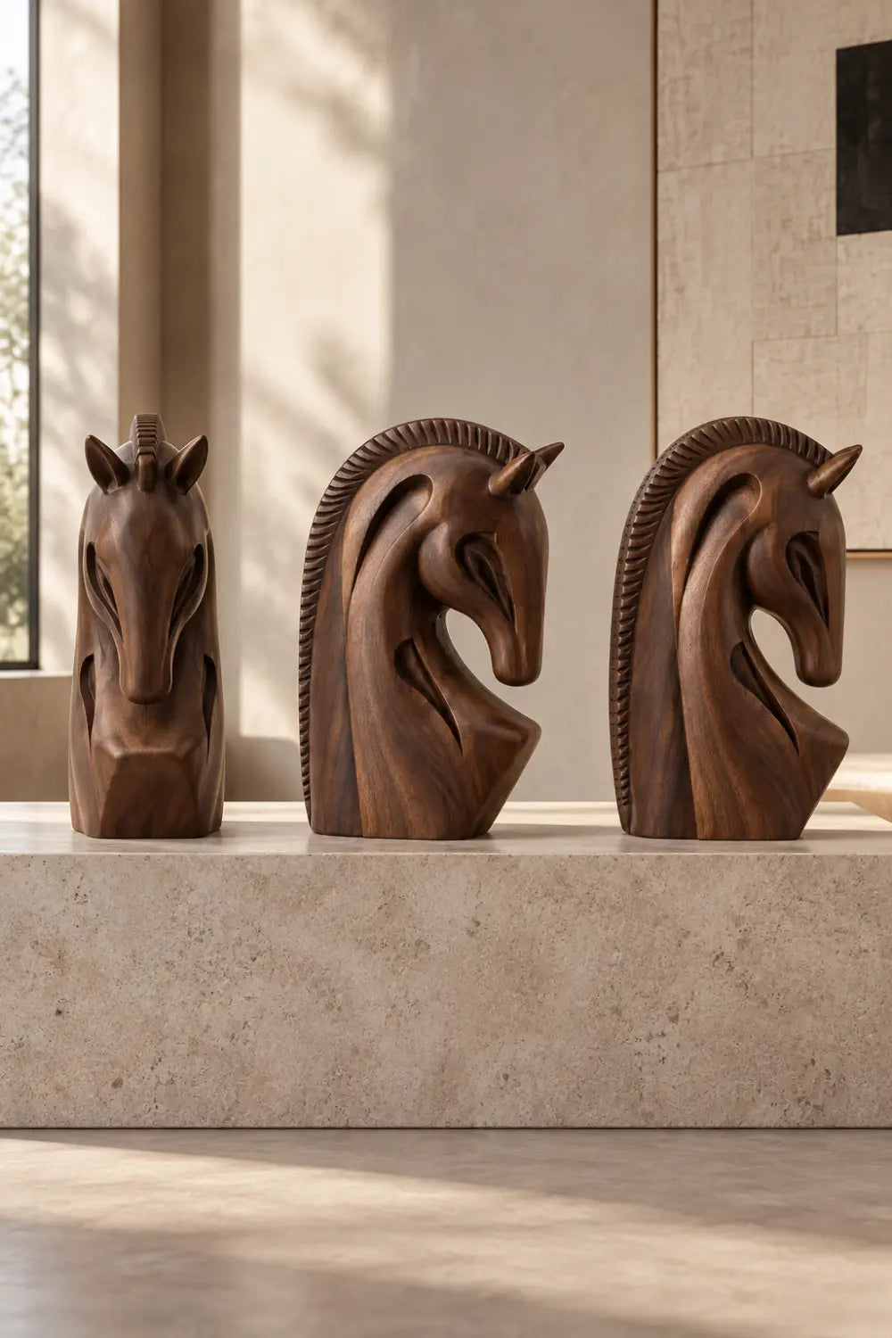 Sculpted Wooden Horse Head Statue | Modern Equestrian Bust Figurine Desk Decor