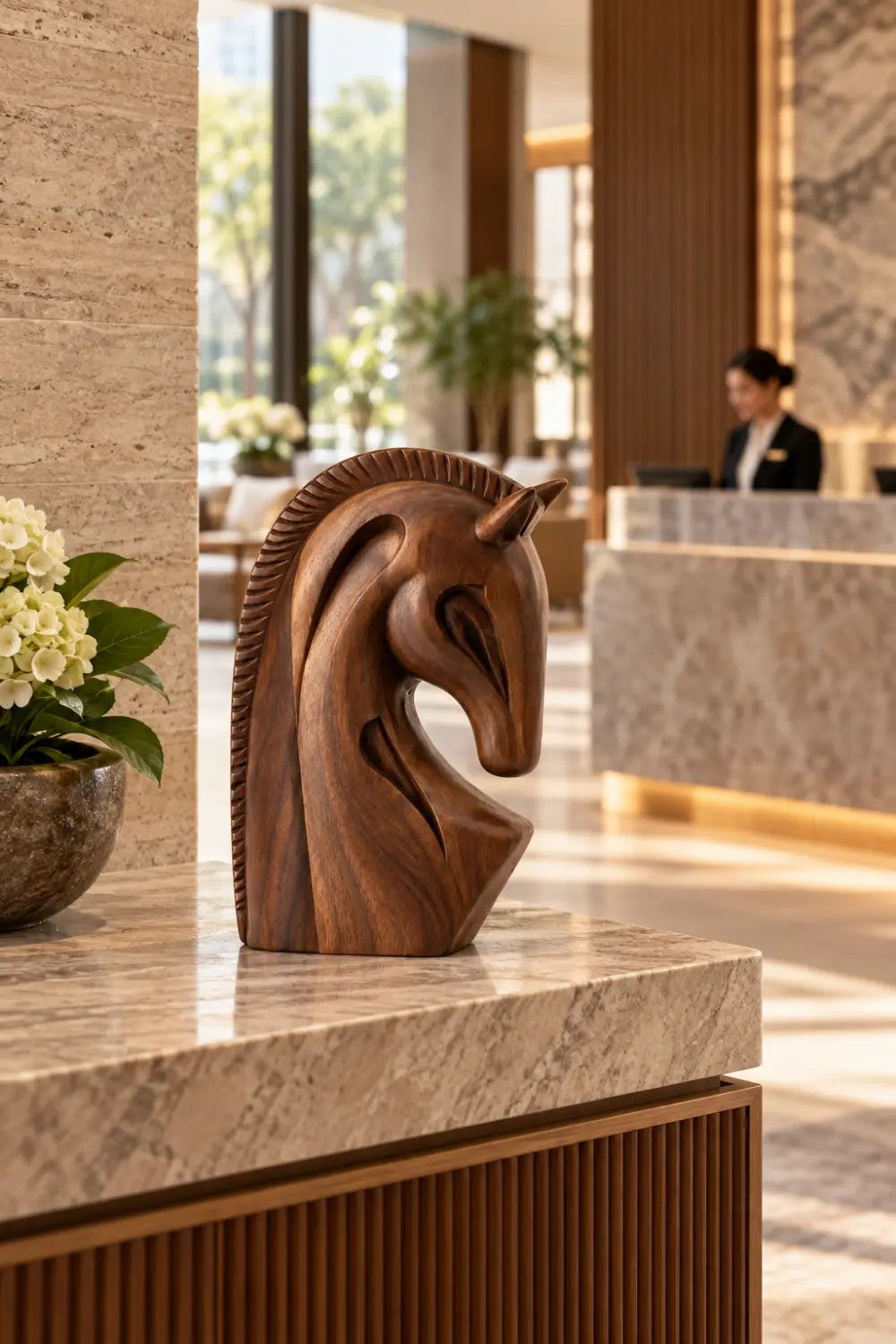 Sculpted Wooden Horse Head Statue | Modern Equestrian Bust Figurine Desk Decor