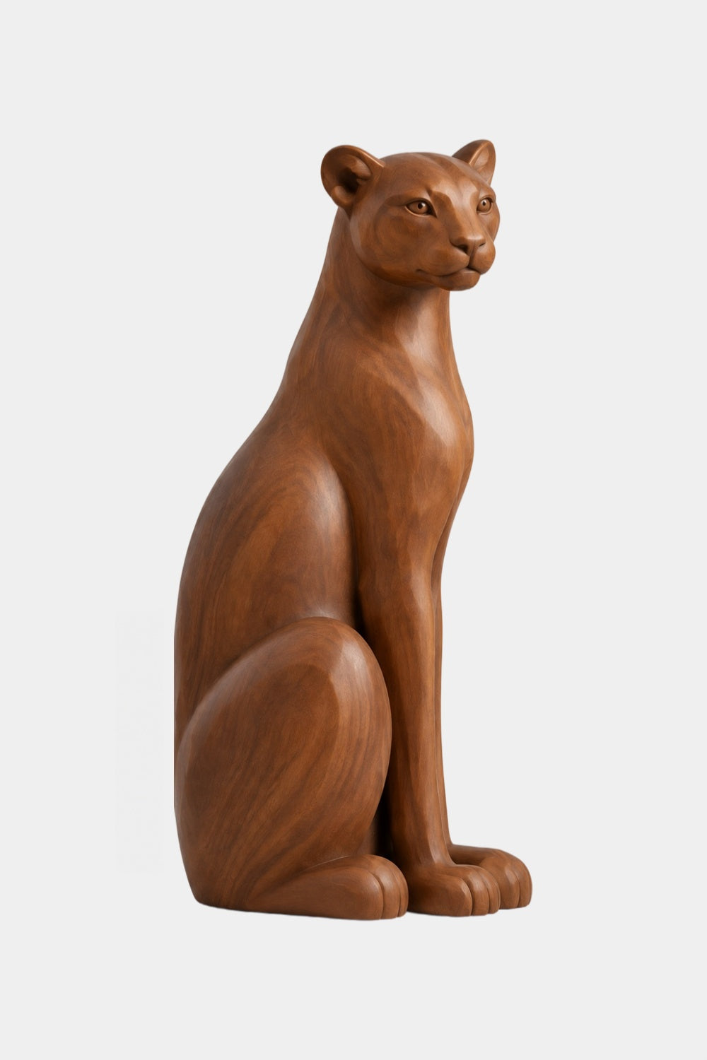 Carved Wooden Sitting Lioness Statue | Graceful Mountain Lion Figurine Home Decor