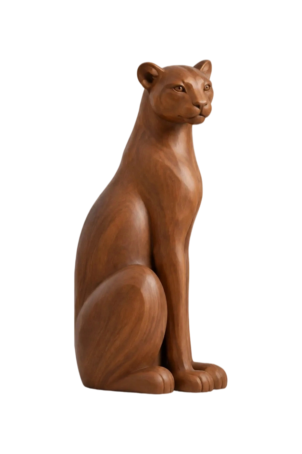 Carved Wooden Sitting Lioness Statue | Graceful Mountain Lion Figurine Home Decor