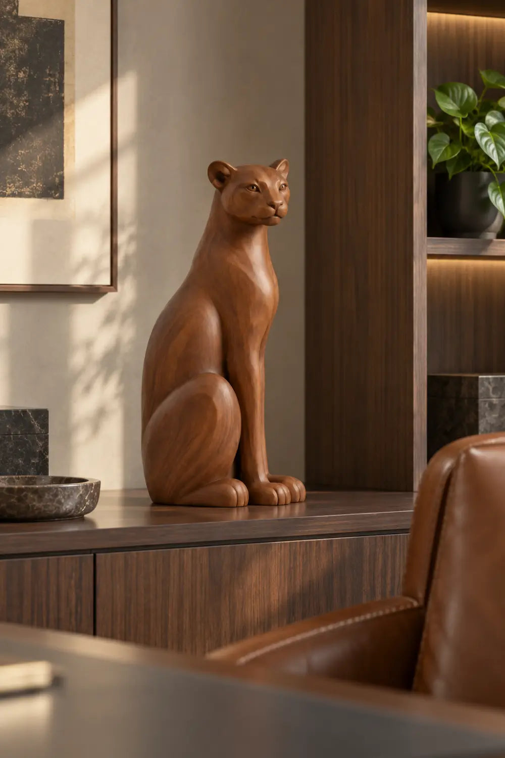 Carved Wooden Sitting Lioness Statue | Graceful Mountain Lion Figurine Home Decor