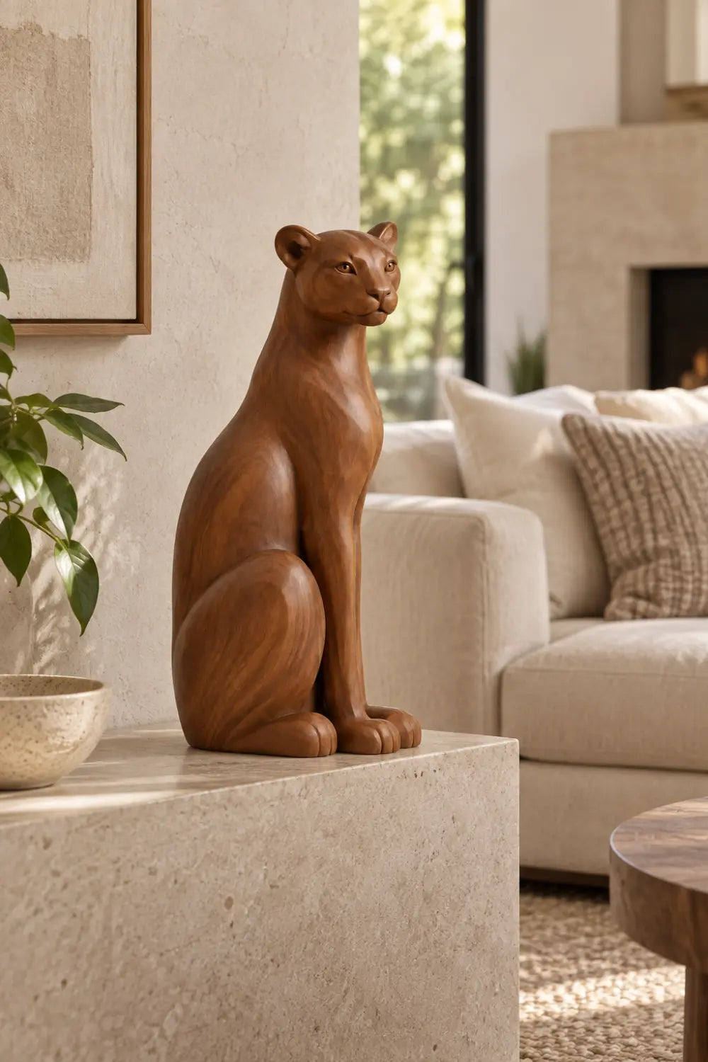 Carved Wooden Sitting Lioness Statue | Graceful Mountain Lion Figurine Home Decor