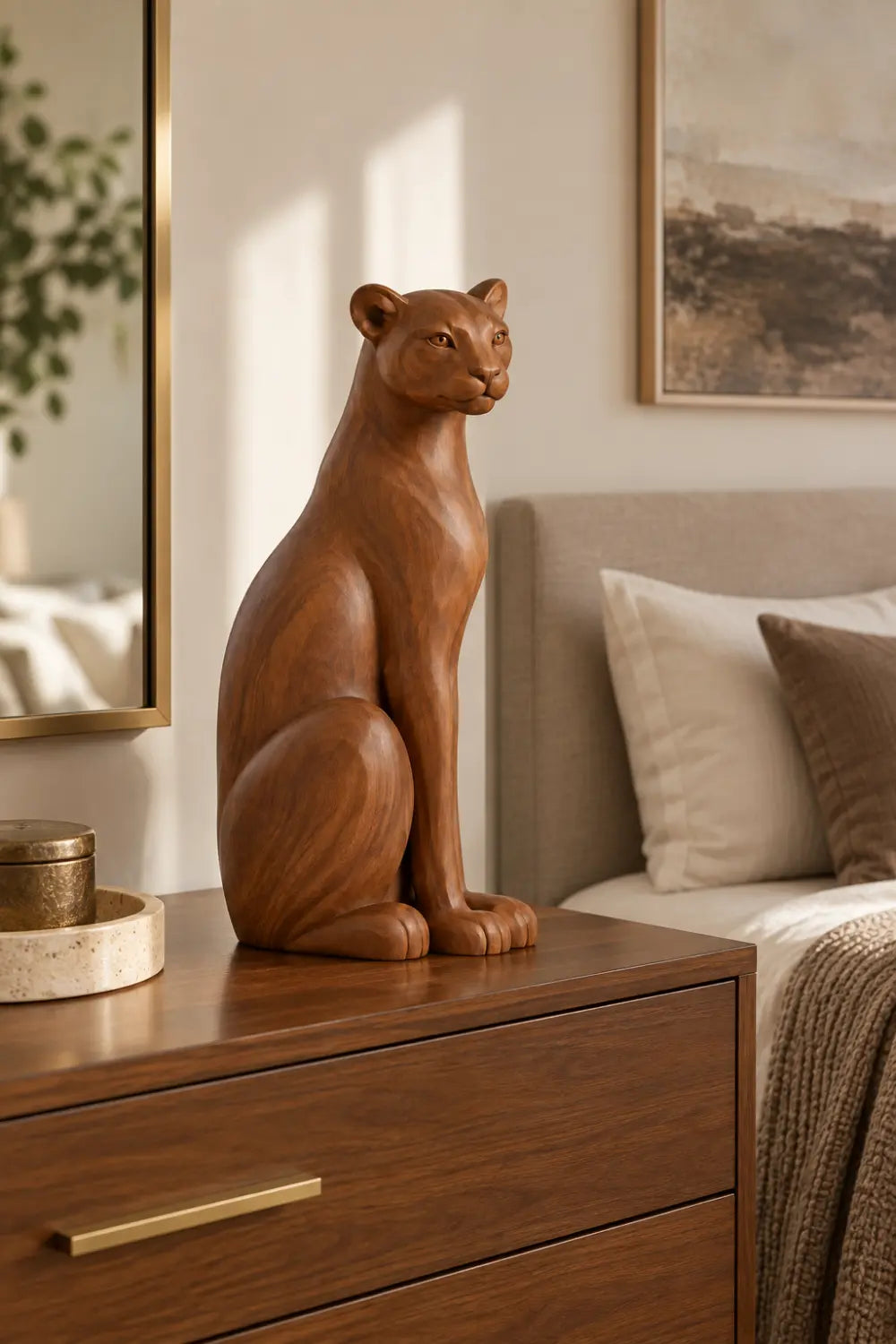 Carved Wooden Sitting Lioness Statue | Graceful Mountain Lion Figurine Home Decor