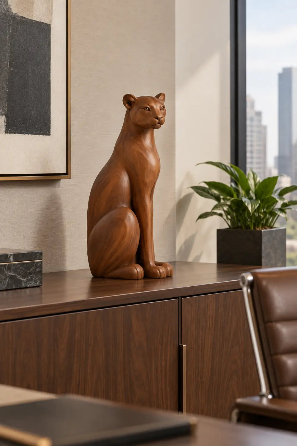 Carved Wooden Sitting Lioness Statue | Graceful Mountain Lion Figurine Home Decor
