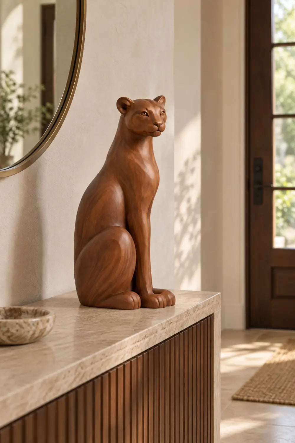 Carved Wooden Sitting Lioness Statue | Graceful Mountain Lion Figurine Home Decor