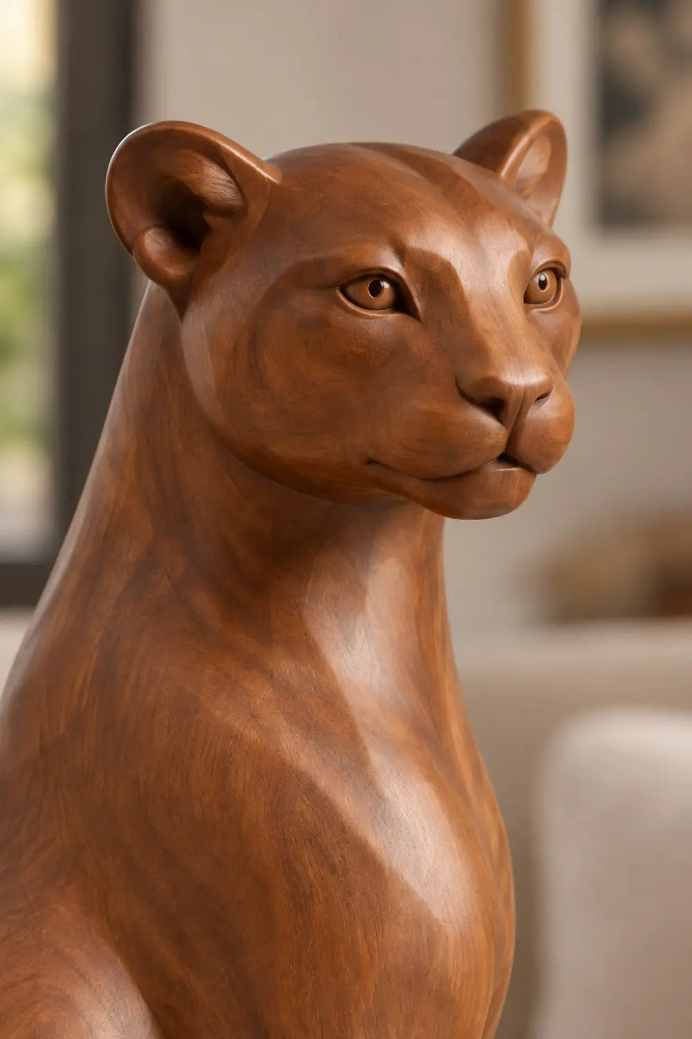 Carved Wooden Sitting Lioness Statue | Graceful Mountain Lion Figurine Home Decor