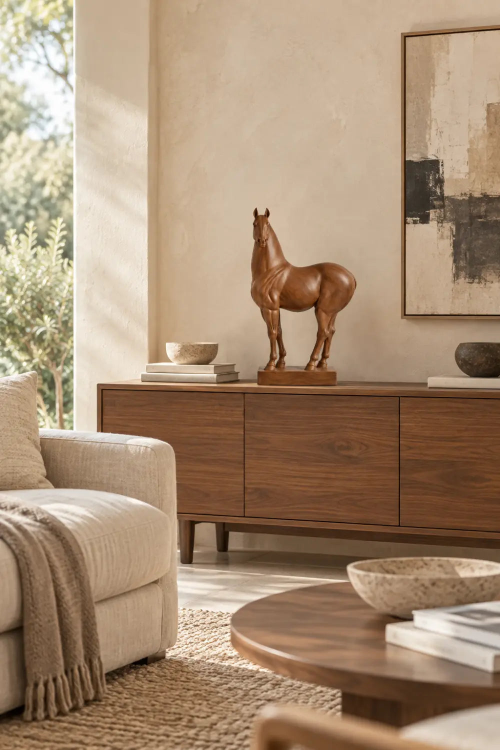 Polished Wooden Standing Horse Statue | Realistic Equine Figurine Home Decor