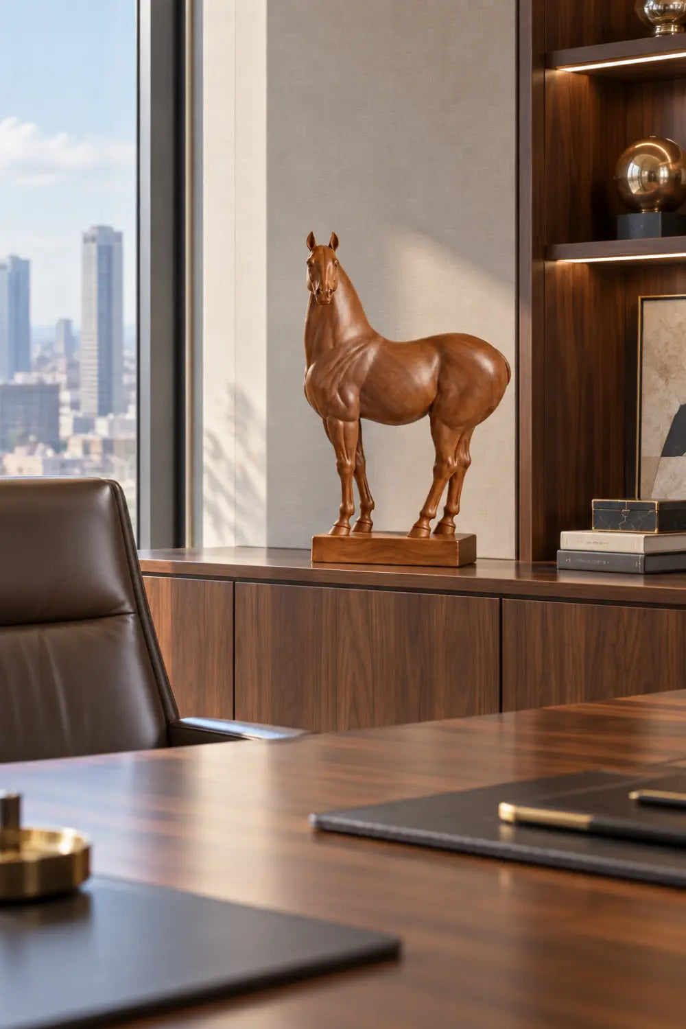 Polished Wooden Standing Horse Statue | Realistic Equine Figurine Home Decor