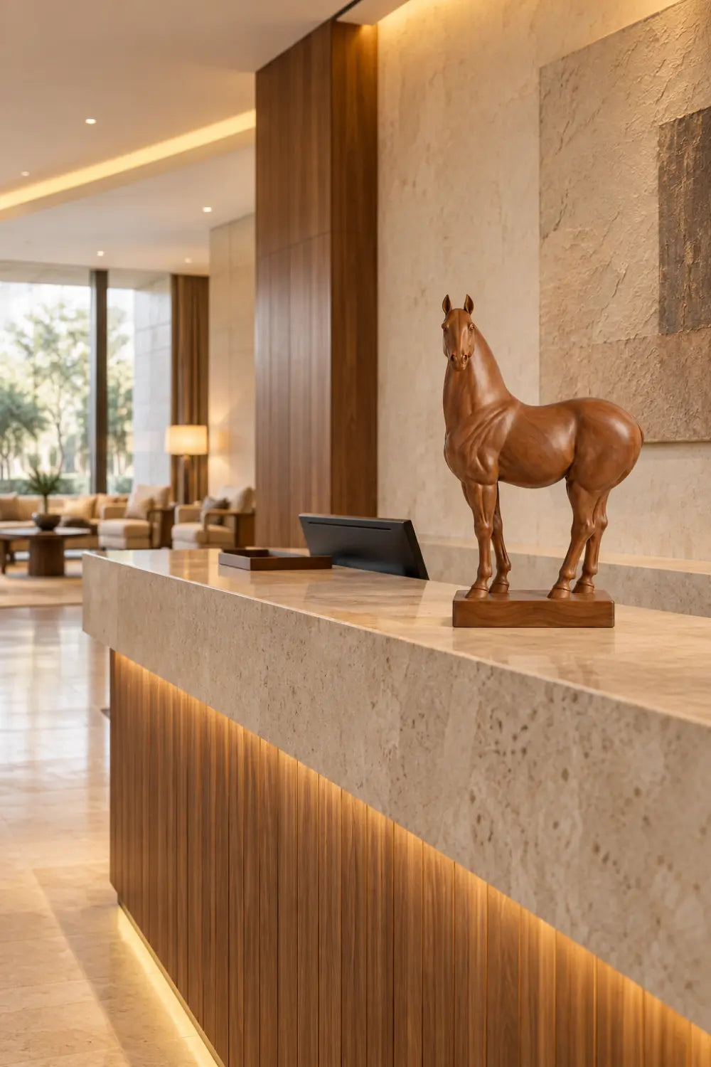 Polished Wooden Standing Horse Statue | Realistic Equine Figurine Home Decor