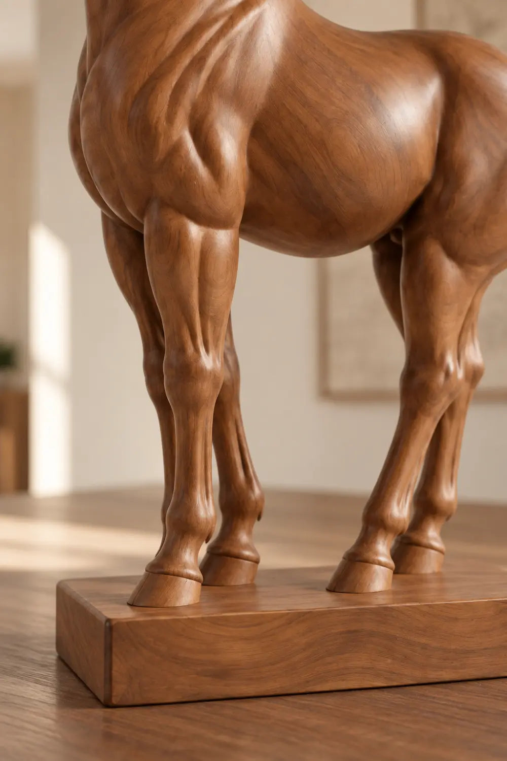 Polished Wooden Standing Horse Statue | Realistic Equine Figurine Home Decor