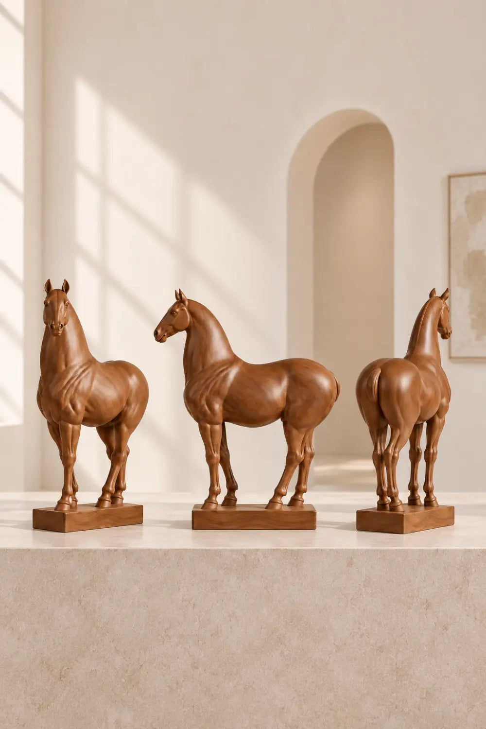 Polished Wooden Standing Horse Statue | Realistic Equine Figurine Home Decor