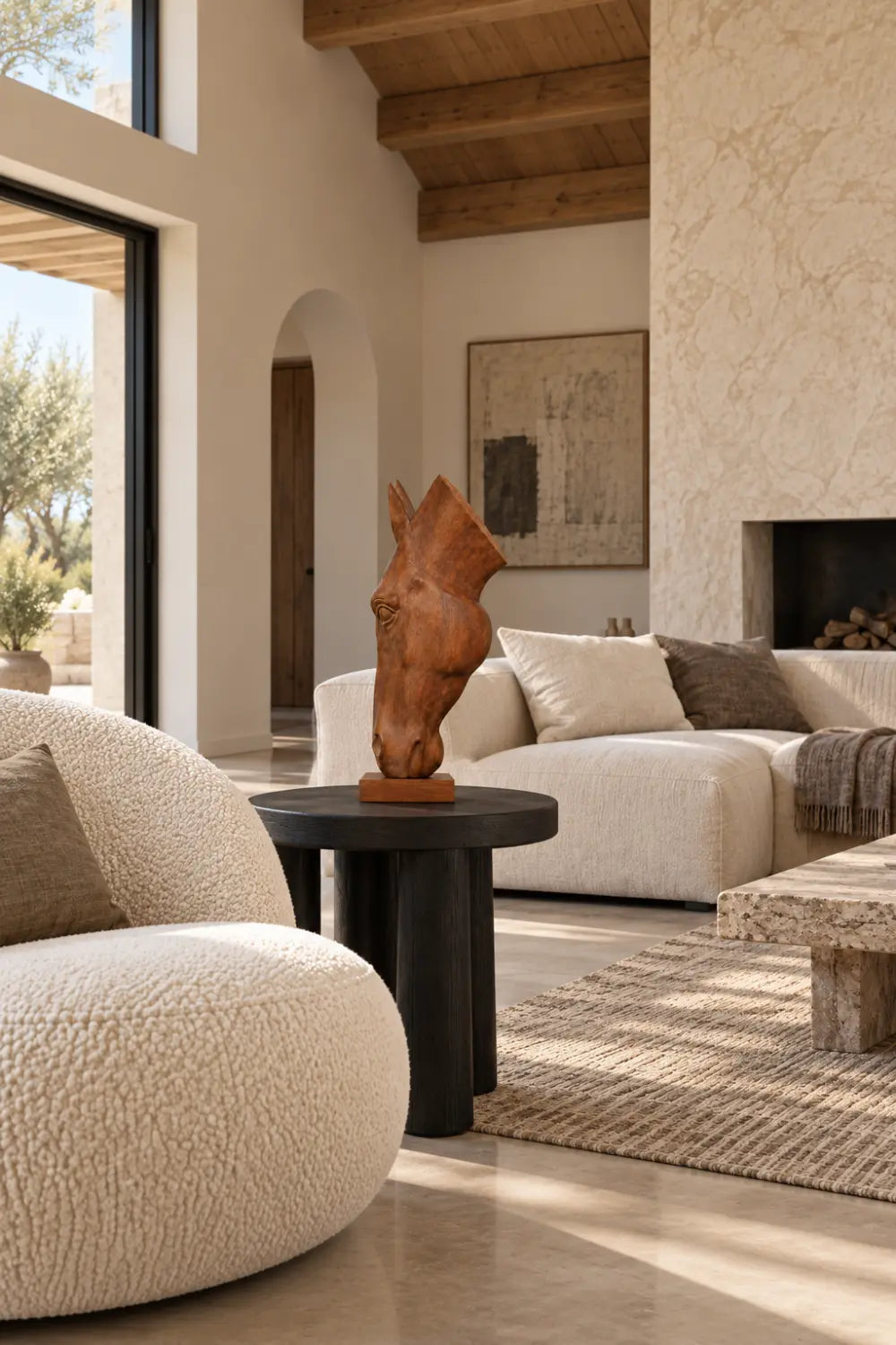 Vertical Wooden Horse Head Sculpture | Modern Equestrian Pedestal Accent Decor