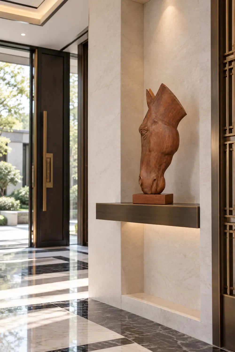 Vertical Wooden Horse Head Sculpture | Modern Equestrian Pedestal Accent Decor